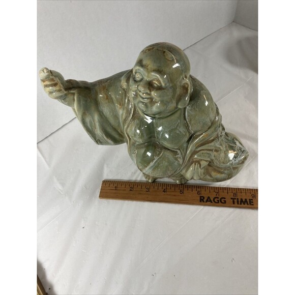 Happy Buddha Pointing Right Green Rare Hotei Smiling Wealth Prosperity Vintage - Picture 11 of 12